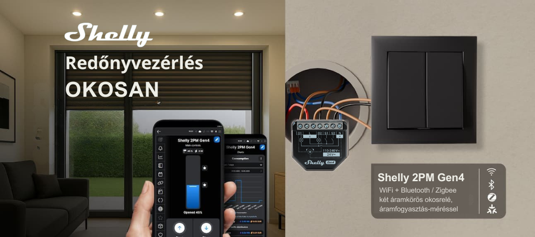 Shelly 2PM Gen4 WiFi + Bluetooth / Zigbee két áramkörös okosrelé