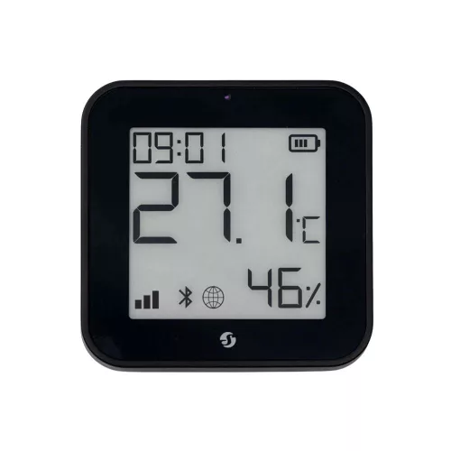 Shelly BLU H&T Display ZB – Hőmérséklet, pára és fény szenzor, e-papír kijelzővel,  Zigbee, Bluetooth, fekete
