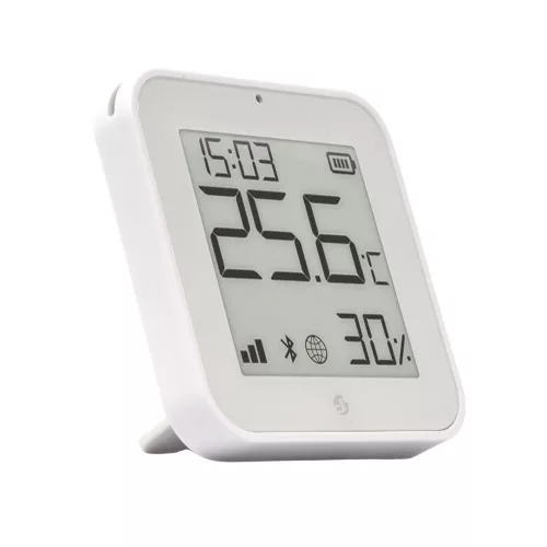 Shelly BLU H&T Display ZB – Hőmérséklet, pára és fény szenzor, e-papír kijelzővel,  Zigbee, Bluetooth, fehér
