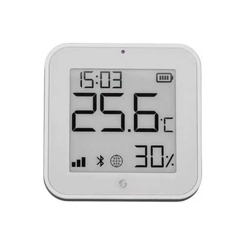 Shelly BLU H&T Display ZB – Hőmérséklet, pára és fény szenzor, e-papír kijelzővel,  Zigbee, Bluetooth, fehér