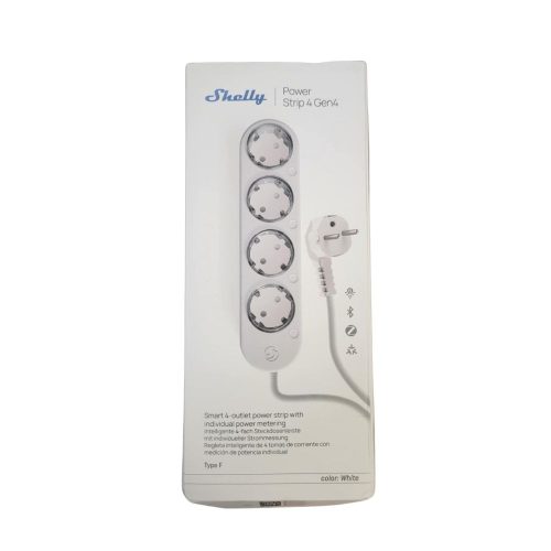 Shelly Power Strip 4 Gen4, okos elosztó négy aljzattal, fehér, fogyasztásmérős, Wi-Fi, Zigbee, Matter