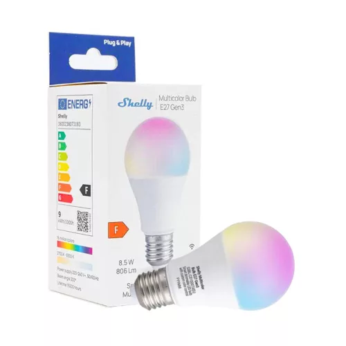 Shelly Multicolor Bulb E27 Gen3  – RGB okosizzó, fényerőszabályozható, fénymelegség-állítható, Wi-Fi, Bluetooth