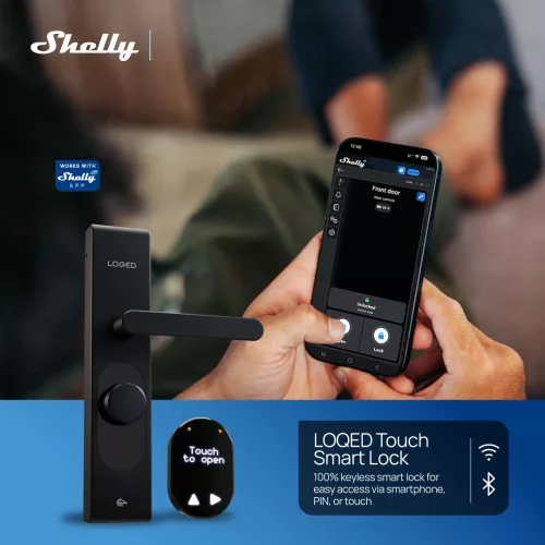 Shelly LOQED érintős okos Wi-Fi + Bluetooth zár, fekete