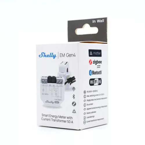 Shelly EM Gen4 –  egyfázisú két áramkörös fogyasztásmérő, 1 db 50A áramváltóval, 2A kontaktorral, Wi-Fi, Bluetooth, Zigbee, Matter (S4EM-002CXCEU)