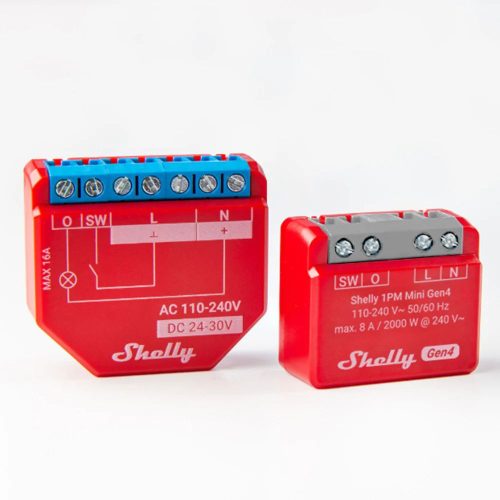 Shelly 1PM Gen4 egy áramkörös Wi-Fi + Bluetooth / Zigbee 3.0  multi-protokoll okosrelé, Matter kompatibilis, áramfogyasztás-méréssel (16A)