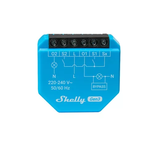 Shelly Plus 2L (Gen3) két áramkörös, csak fázissal működő Wi-Fi + Bluetooth okos relémodul, Matter kompatibilis