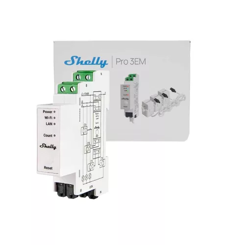 Shelly Pro 3EM 120A V2 – fogyasztásmérő, három fázisú, 3 x 120A áramváltóval, Wi-Fi, Ethernet, Matter (SPEM-003CEBEU)