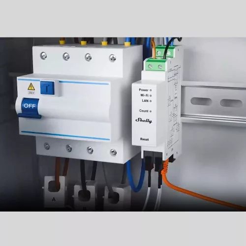 Shelly Pro 3EM 120A V2 – fogyasztásmérő, három fázisú, 3 x 120A áramváltóval, Wi-Fi, Ethernet, Matter (SPEM-003CEBEU)