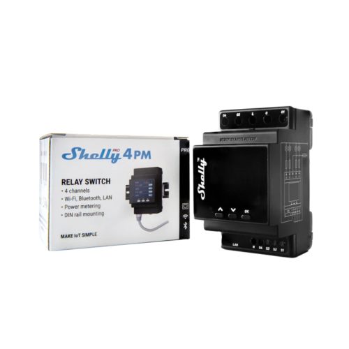 Shelly Pro 4PM négy áramkörös WiFi + Ethernet + Bluetooth okosrelé, kapcsolóbemenettel, DIN-sínre szerelhető