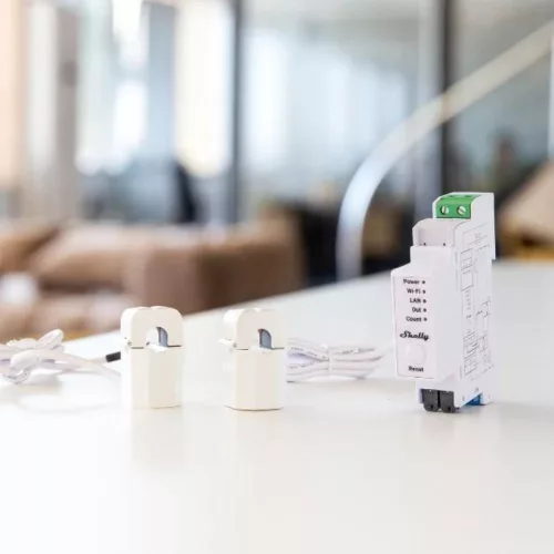 Shelly PRO EM-50A egy fázisú, professzionális Wi-Fi + Ethernet + Bluetooth fogyasztásmérő, 2 x 50A áramváltóval