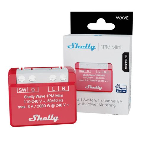 Shelly Wave 1PM MINI LR, egy áramkörös okosrelé, fogyasztásméréssel (Z-Wave)