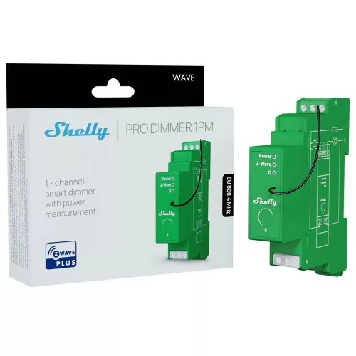 Shelly Wave Pro Dimmer 1PM, egy áramkörös, fogyasztásmérős fényerőszabályozó modul, Z-Wave