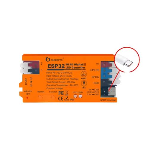 Gledopto GL-C-016WL-D Wi-Fi-s RGBIC LED vezérlés, 5V-24V DC, WLED firmware-rel, mikrofonnal, egyedi DIY firmware támogatással