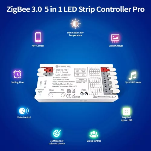 Gledopto GL-C-201P, Pro 5-in-1-ben LED vezérlés, 12V-24V DC (Zigbee+2.4GHz RF), kapcsolóbemenettel