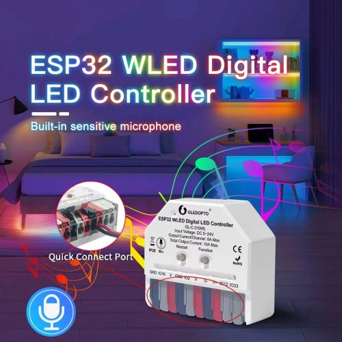 Gledopto Mini WLED Digital LED Controller – Wi-Fi-s digitális RGBIC LED vezérlés, 5V-24V DC, WLED firmware, mikrofon (GL-C-310WL)