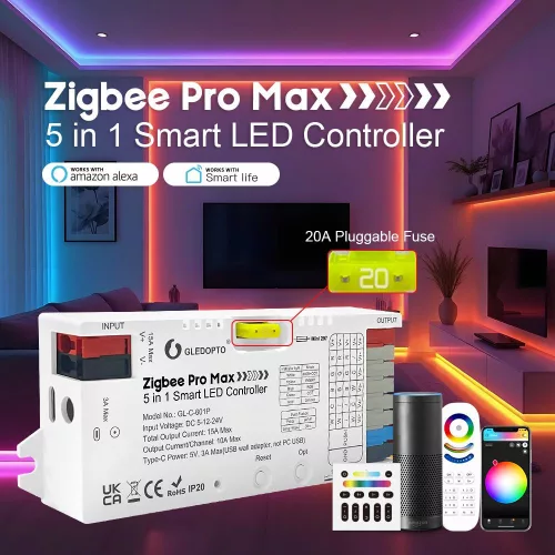 Gledopto Zigbee Pro Max –  5-az-1-ben LED vezérlő, 15A, Zigbee, RF 2.4GHz (GL-C-601P)