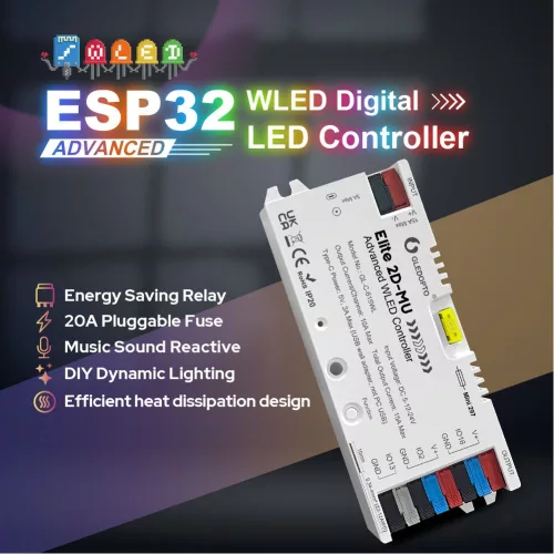 Gledopto Elite 2D-MU Advanced WLED Controller – kettő csatornás RGBIC LED vezérlő, mikrofonnal, USB-C, ESP32, Wi-Fi (GL-C-615WL)