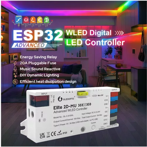 Gledopto Elite 2D-MU Advanced WLED Controller – kettő csatornás RGBIC LED vezérlő, mikrofonnal, USB-C, ESP32, Wi-Fi (GL-C-615WL)