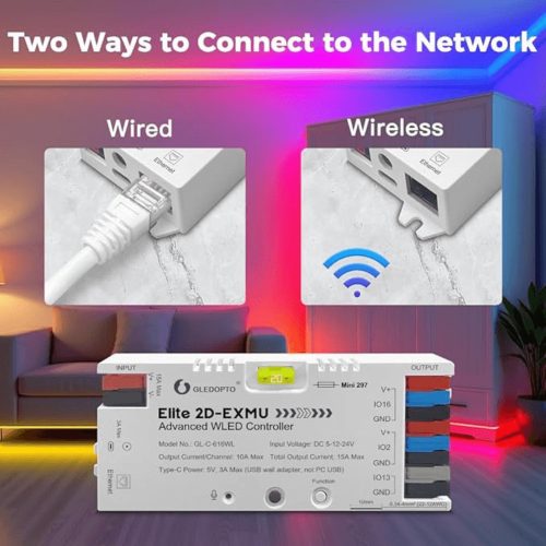 Gledopto Elite 2D-EXMU Advanced WLED Controller – kettő csatornás RGBIC LED vezérlő, mikrofonnal, USB-C, ESP32, Wi-Fi, Ethernet (GL-C-616WL)
