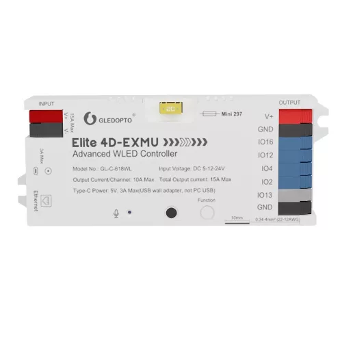 Gledopto Elite 4D-EXMU Advanced WLED Controller – négy csatornás RGBIC LED vezérlő, mikrofonnal, USB-C, ESP32, Wi-Fi, Ethernet (GL-C-618WL)