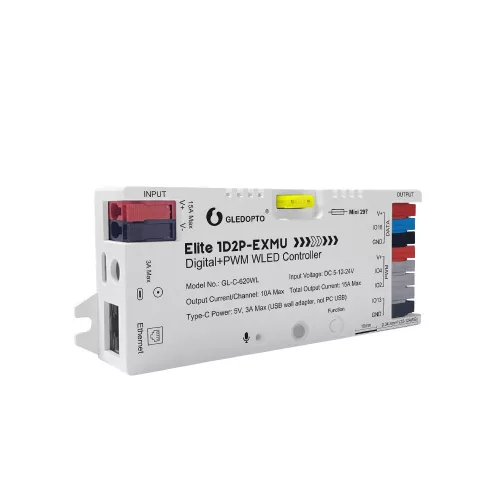 Gledopto Elite 1D2P-EXMU Digital + PWM WLED Controller – három csatornás led vezérlő, 1×RGBIC + 2×PWMLED, mikrofonnal, USB-C, ESP32, Wi-Fi, Ethernet (GL-C-620WL)