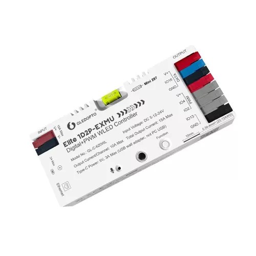 Gledopto Elite 1D2P-EXMU Digital + PWM WLED Controller – három csatornás led vezérlő, 1×RGBIC + 2×PWMLED, mikrofonnal, USB-C, ESP32, Wi-Fi, Ethernet (GL-C-620WL)