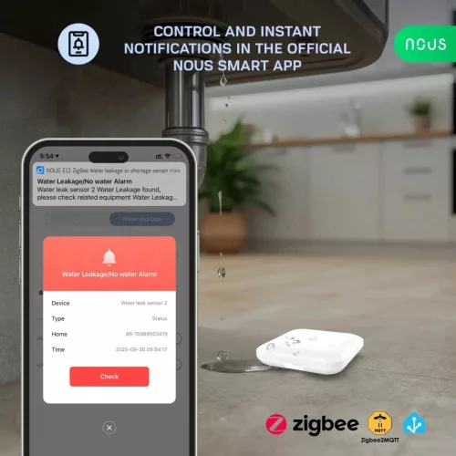NOUS E13 ZigBee Water leakage or shortage sensor – Vízszivárgás vagy vízhiány-érzékelő, Zigbee, fehér