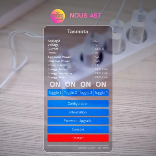 NOUS A5T okos Wi-Fi-s fogyasztásmérős hoszabbítós elosztó, Tasmota firmware