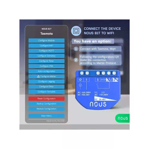 Nous B1T okos Wi-Fi-s 1 áramkörös mini kapcsolórelé modul (Tasmota firmware, Matter kompatibilis)