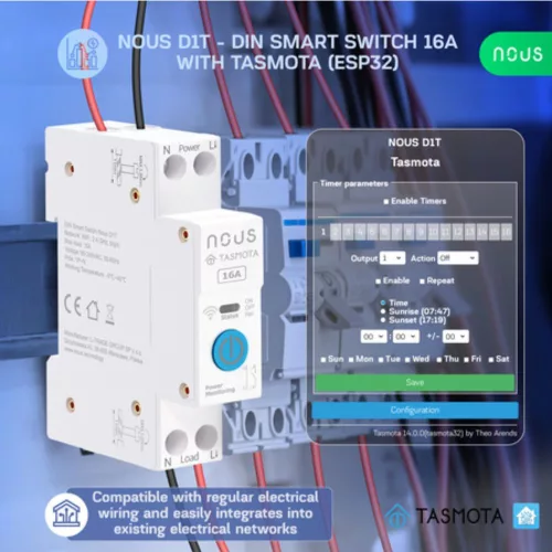 Nous D1T DIN-sín kompatibilis Wi-Fi-s fogyasztásmérős relémodul, Tasmota firmware, Matter kompatibilis, 16A