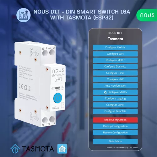 Nous D1T DIN-sín kompatibilis Wi-Fi-s fogyasztásmérős relémodul, Tasmota firmware, Matter kompatibilis, 16A