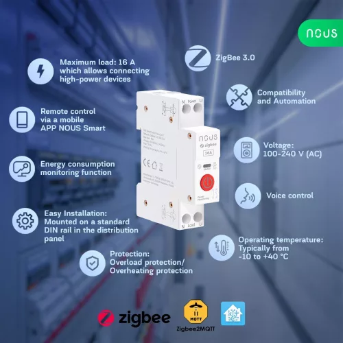 Nous D1Z DIN-sín kompatibilis Tuya Zigbee fogyasztásmérős relémodul 16A