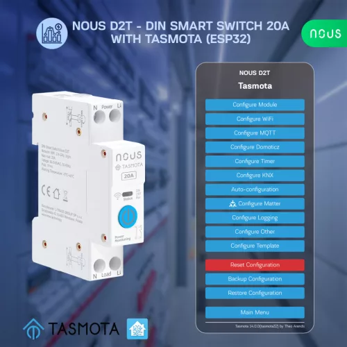 Nous D2T DIN-sín kompatibilis Wi-Fi-s fogyasztásmérős relémodul, Tasmota firmware, Matter kompatibilis, 20A