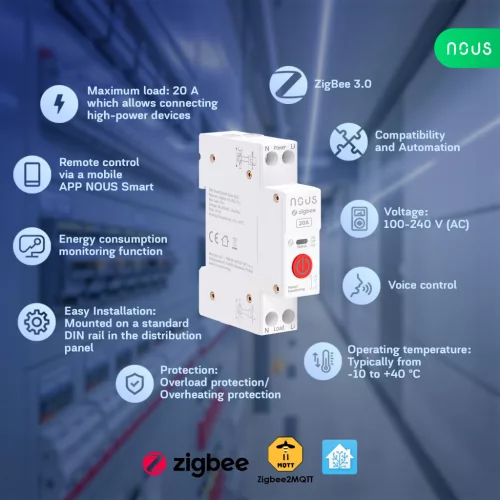 Nous D2Z DIN-sín kompatibilis Tuya Zigbee fogyasztásmérős relémodul 20A