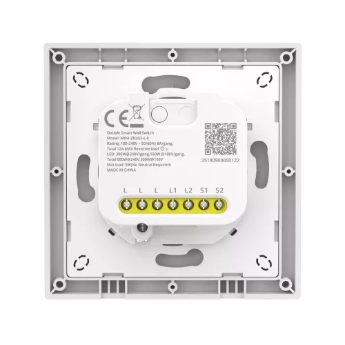 SONOFF Orb-ZBW2L  2-Gang Zigbee Smart Wall Switch (No Neutral) – két áramkörös, csak fázis mini relémodul + kapcsoló, Zigbee, fehér (MINI-ZB2GS-L-E)