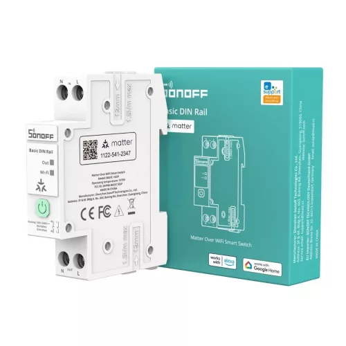 Sonoff Basic DIN Rail  – DIN-sínre szerelhető 32A okos relémodul fogyasztásméréssel, WiFi, Bluetooth , Matter (BASIC-1GSP)