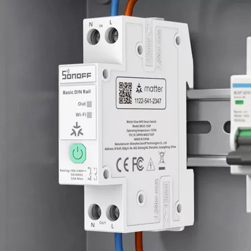 Sonoff Basic DIN Rail  – DIN-sínre szerelhető 32A okos relémodul fogyasztásméréssel, WiFi, Bluetooth , Matter (BASIC-1GSP)